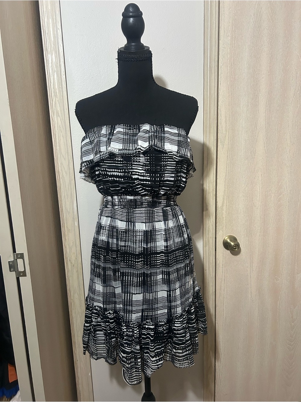 The Limited Black and White Strapless Plaid Ruffle Dress